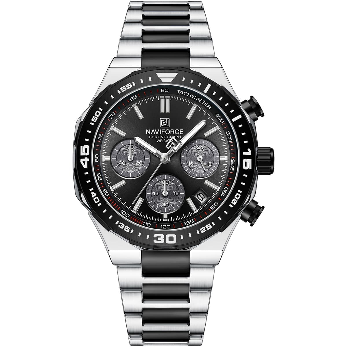 Naviforce NF8049-S-B-B Men's Chronograph Watch – Black Dial & Silver-Black Steel Strap