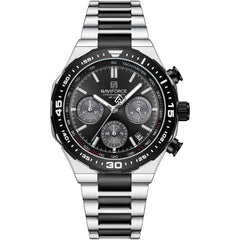 Naviforce NF8049-S-B-B Men's Chronograph Watch – Black Dial & Silver-Black Steel Strap