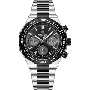 Naviforce NF8049-S-B-B Men's Chronograph Watch – Black Dial & Silver-Black Steel Strap