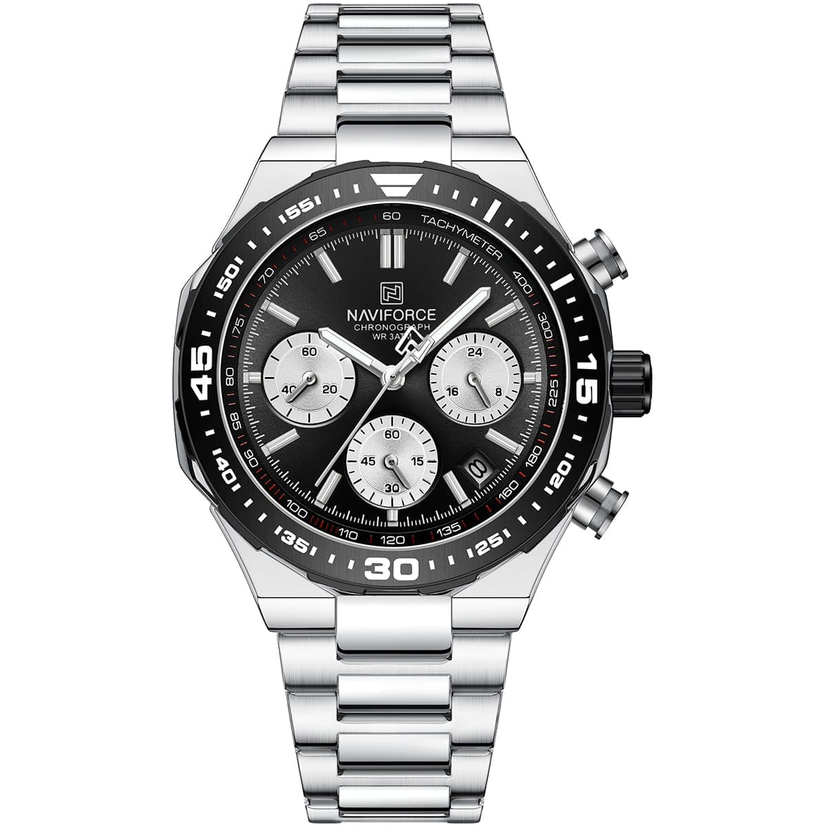 Naviforce NF8049-S-B-S Men's Chronograph Watch – Black Dial & Silver Steel Strap