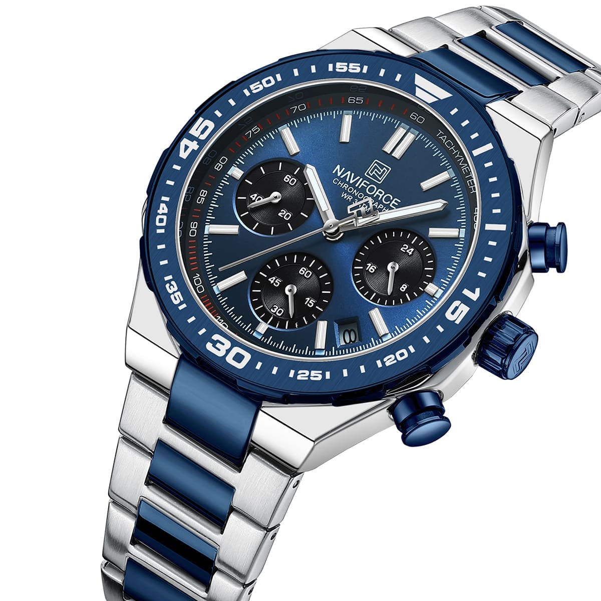 Naviforce NF8049-S-BE-S Men's Chronograph Watch – Blue Dial & Silver Steel Strap – view 2