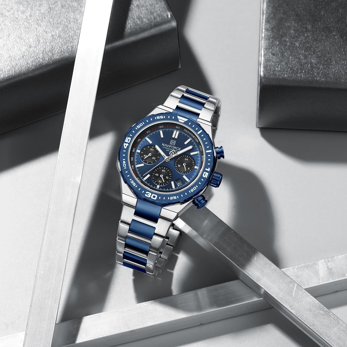 Naviforce NF8049-S-BE-S Men's Chronograph Watch – Blue Dial & Silver Steel Strap – view 3
