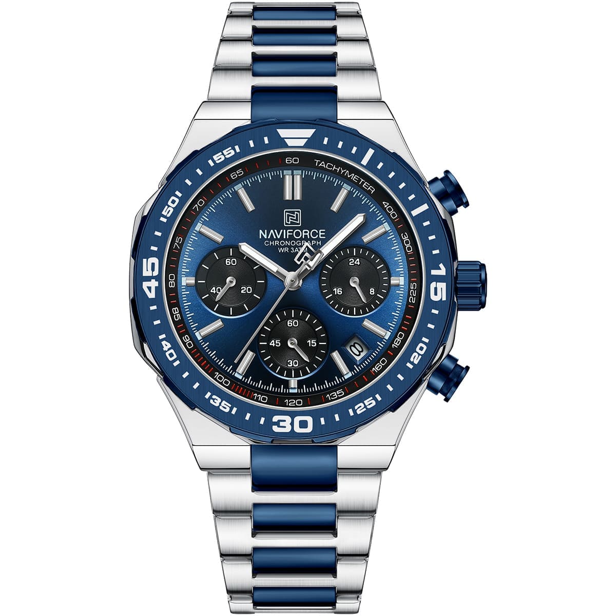 Naviforce NF8049-S-BE-S Men's Chronograph Watch – Blue Dial & Silver Steel Strap