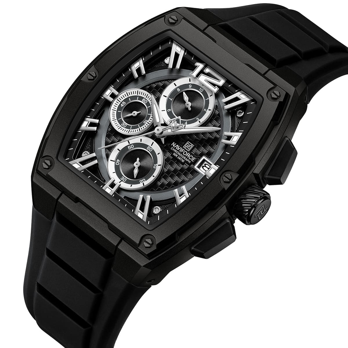 Naviforce NF8050-B-B-B Men's Square Chronograph Watch – Black Dial & Black Rubber Strap – view 2