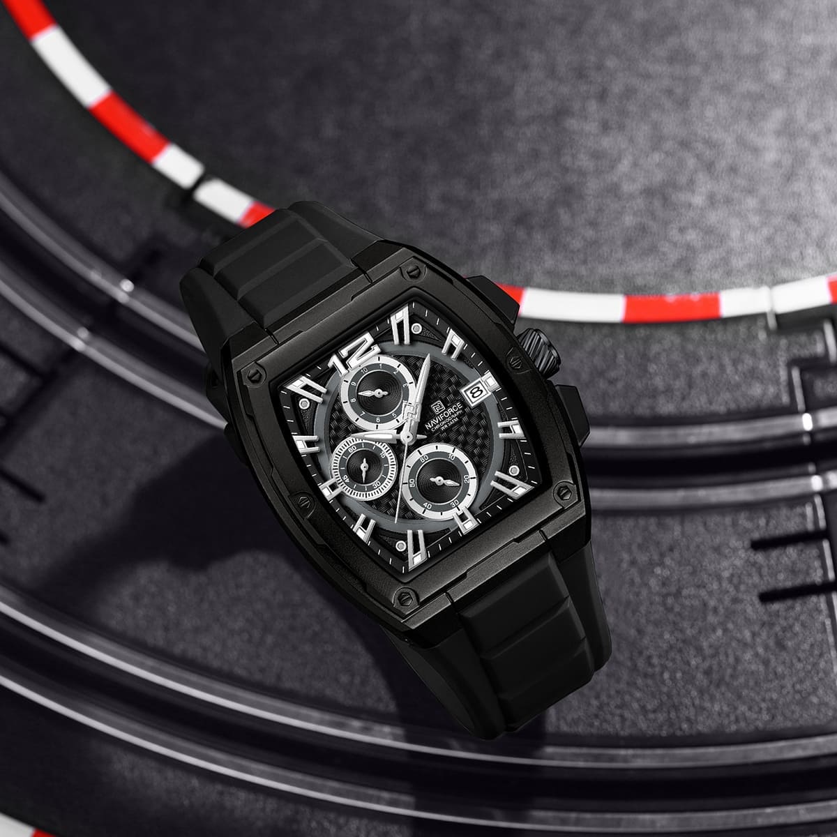 Naviforce NF8050-B-B-B Men's Square Chronograph Watch – Black Dial & Black Rubber Strap – view 4