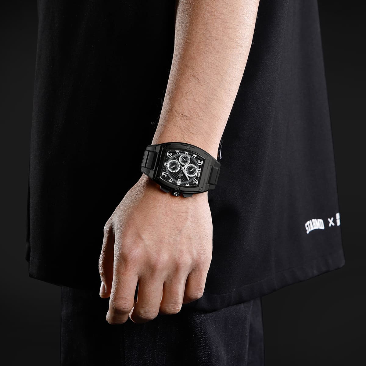 Naviforce NF8050-B-B-B Men's Square Chronograph Watch – Black Dial & Black Rubber Strap – view 5