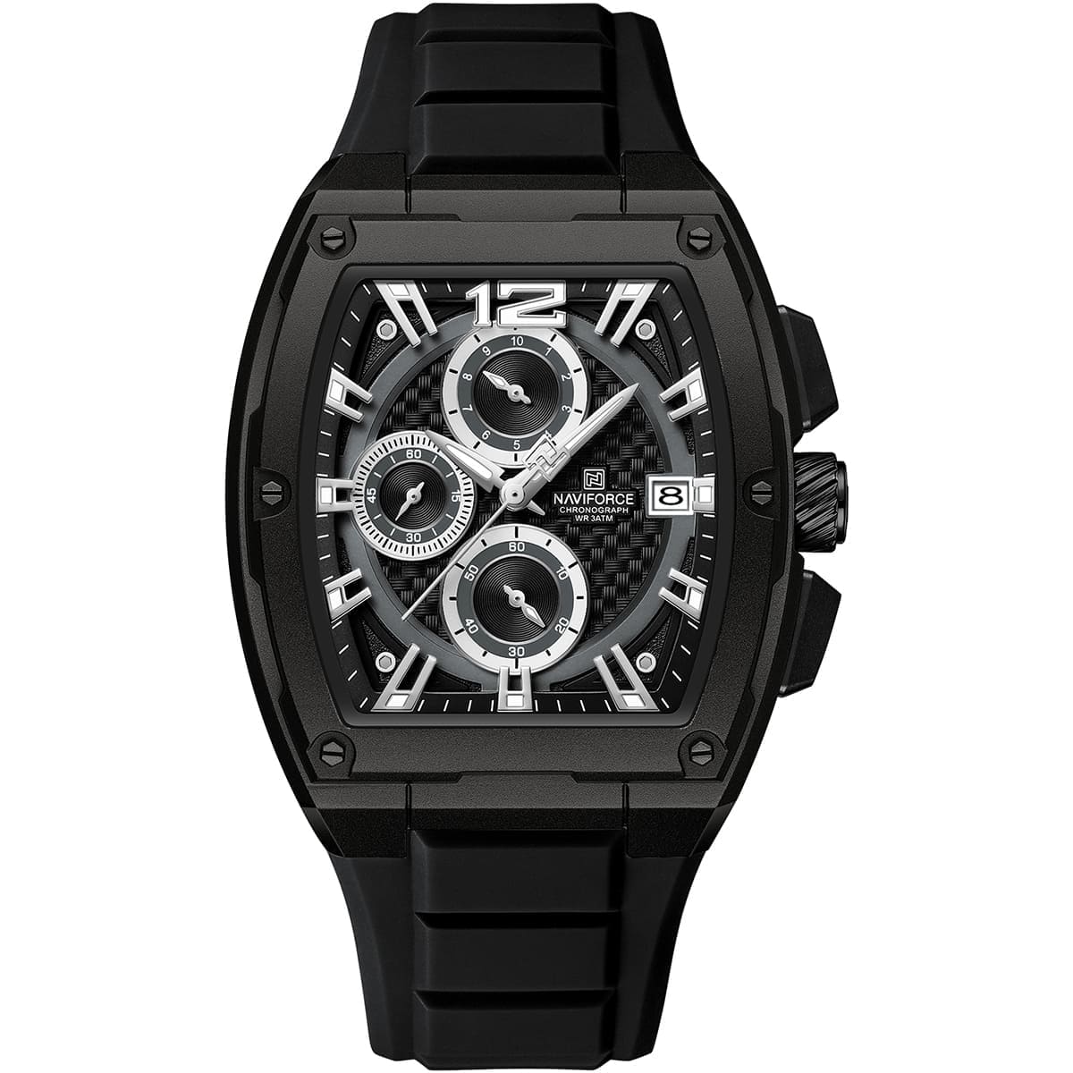 Naviforce NF8050-B-B-B Men's Square Chronograph Watch – Black Dial & Black Rubber Strap