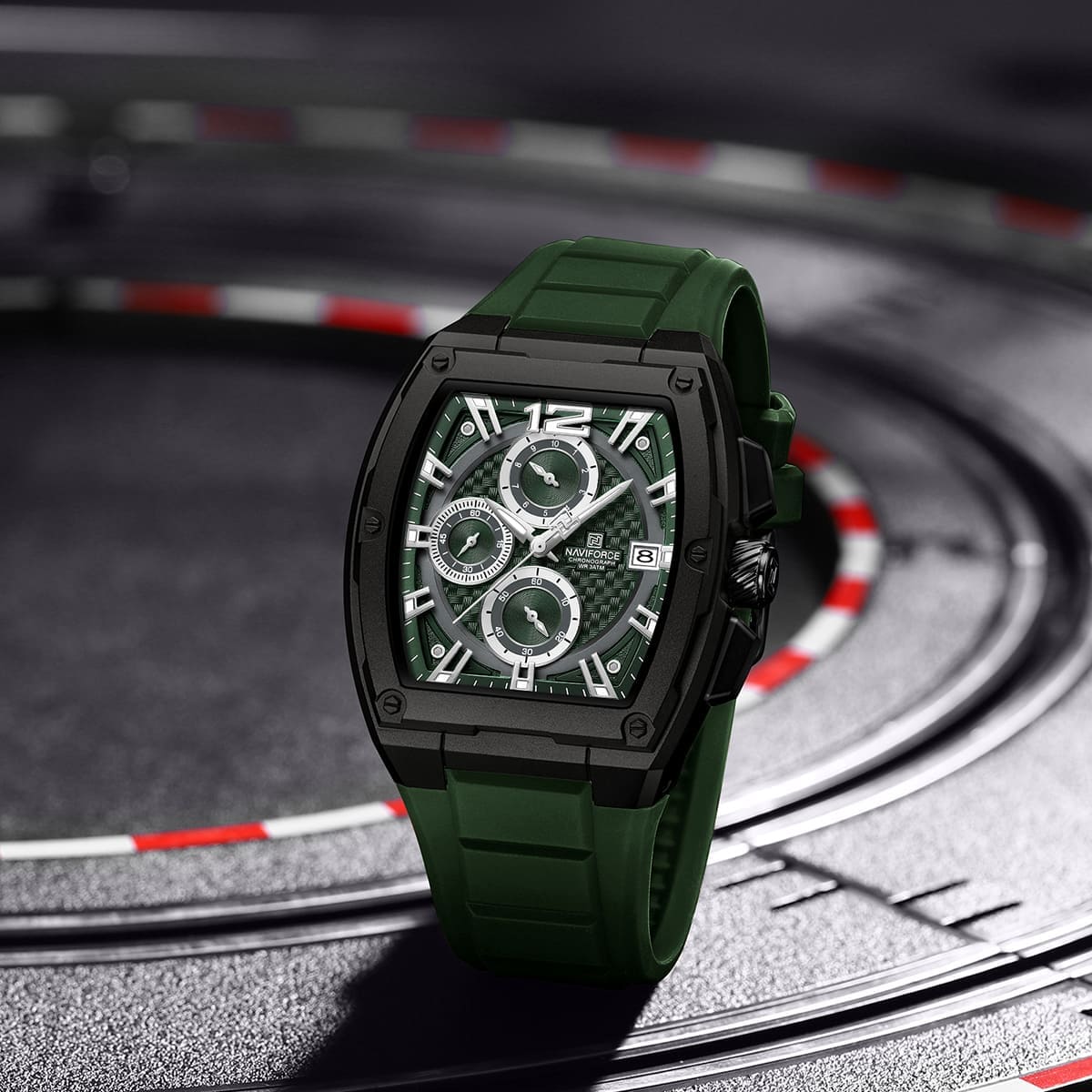 Naviforce NF8050-B-GN-GN Men's Square Chronograph Watch – Green Dial & Green Rubber Strap – view 3