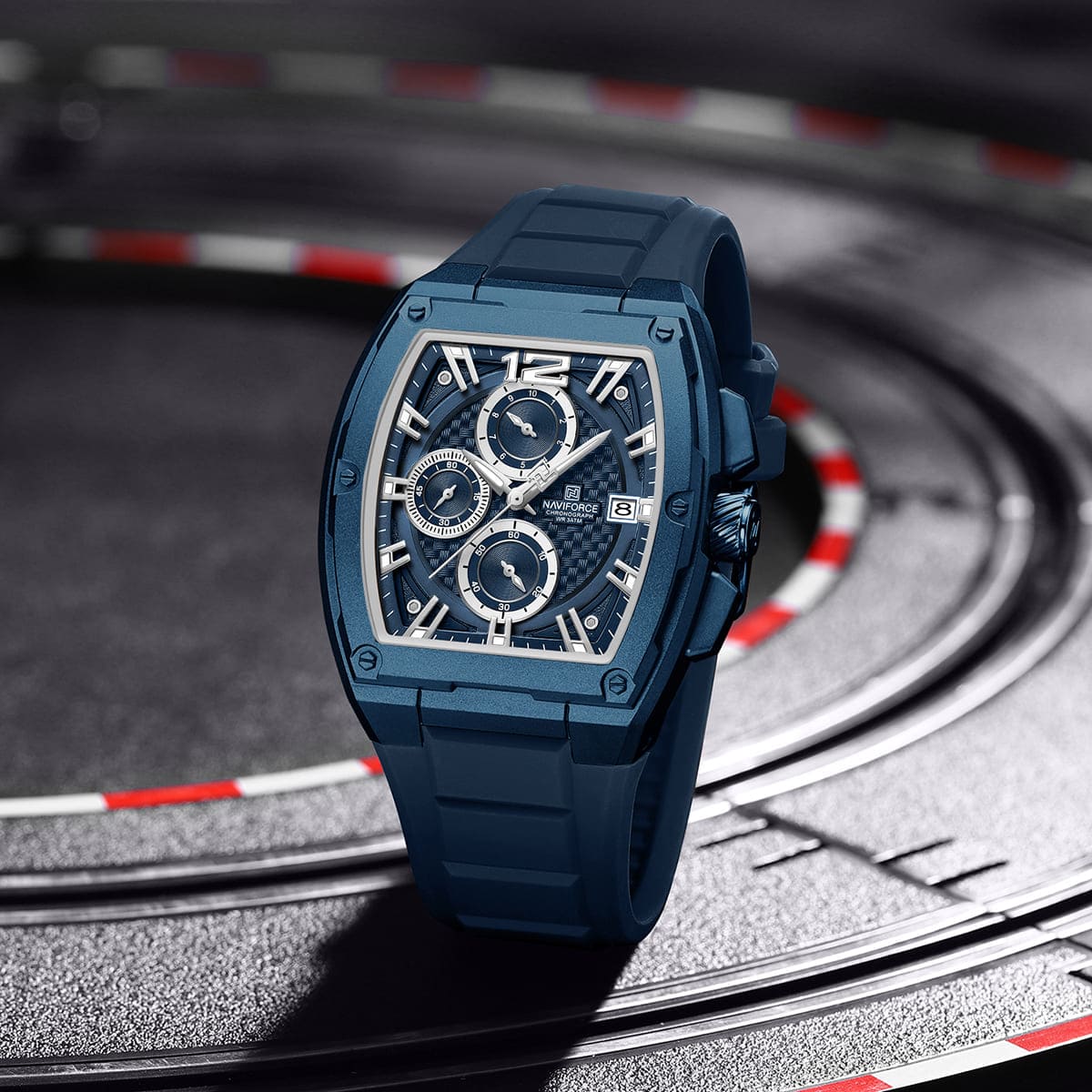 Naviforce NF8050-BE-BE-BE Men's Square Chronograph Watch – Blue Dial & Blue Rubber Strap – view 3