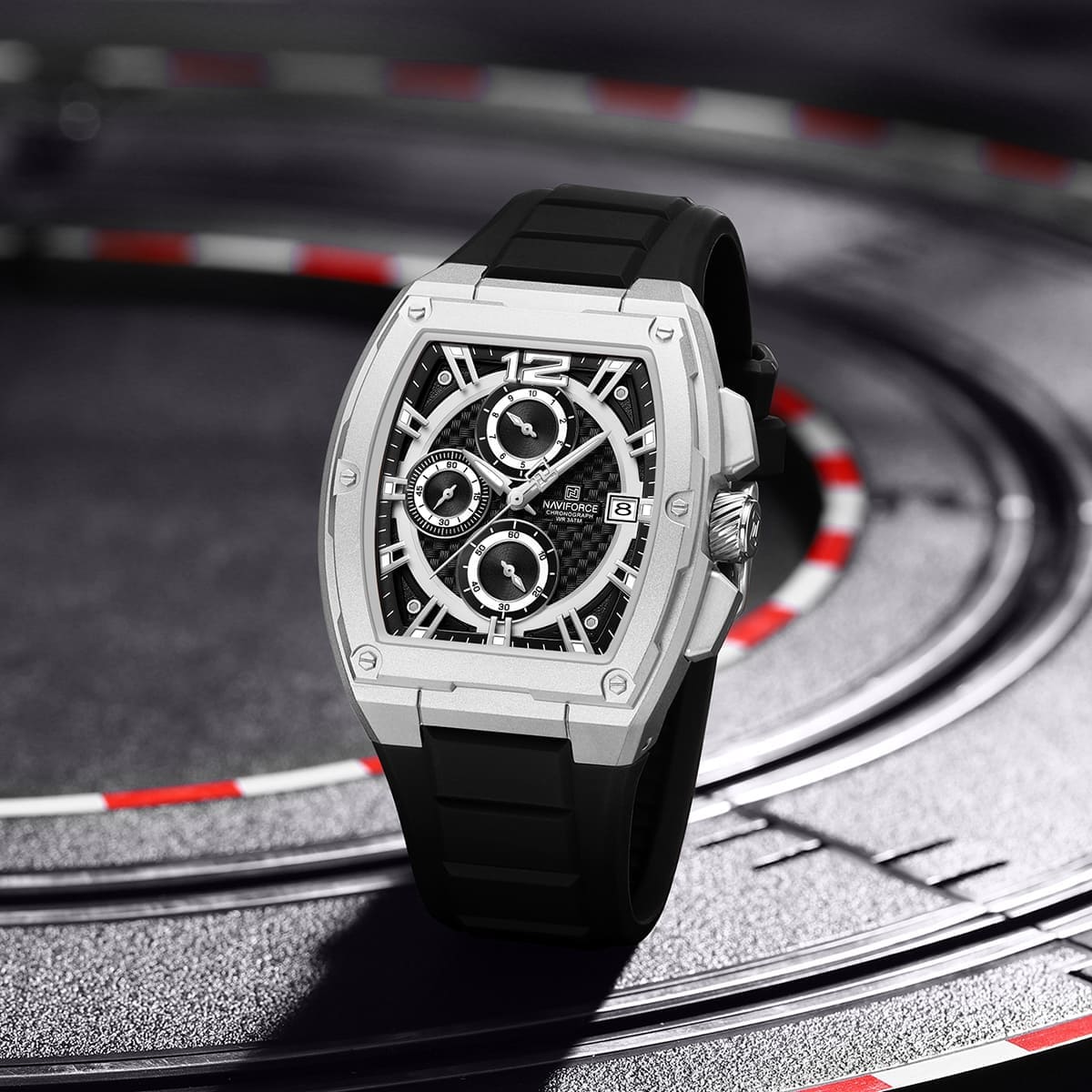 Naviforce NF8050-S-B-B Men's Square Chronograph Watch – Black Dial & Black Rubber Strap – view 3
