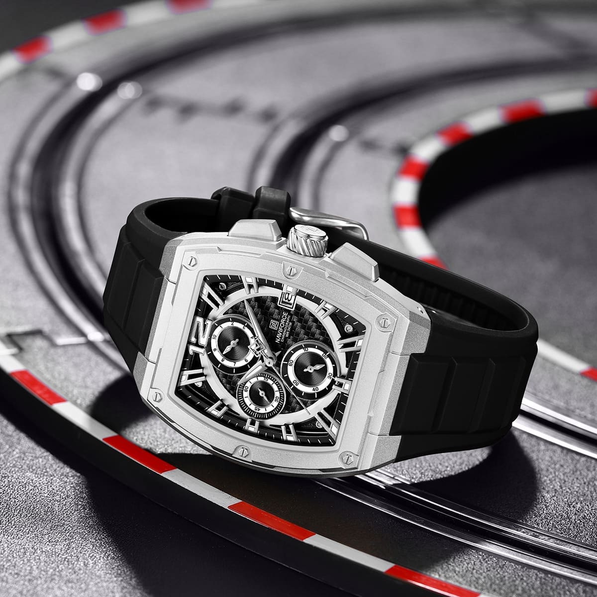 Naviforce NF8050-S-B-B Men's Square Chronograph Watch – Black Dial & Black Rubber Strap – view 4