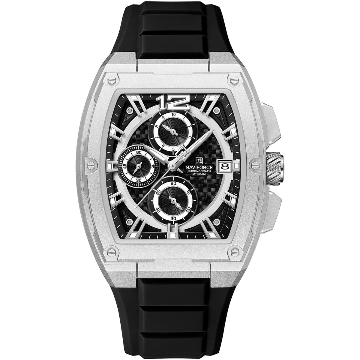 Naviforce NF8050-S-B-B Men's Square Chronograph Watch – Black Dial & Black Rubber Strap