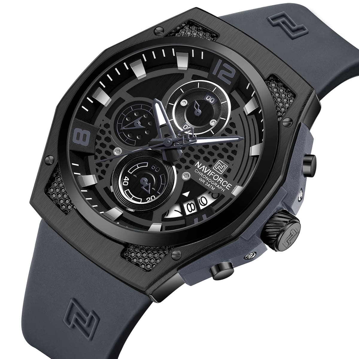 Naviforce NF8051T-B-B-GY Men's Chronograph Watch – Black Dial & Gray Rubber Strap – view 2