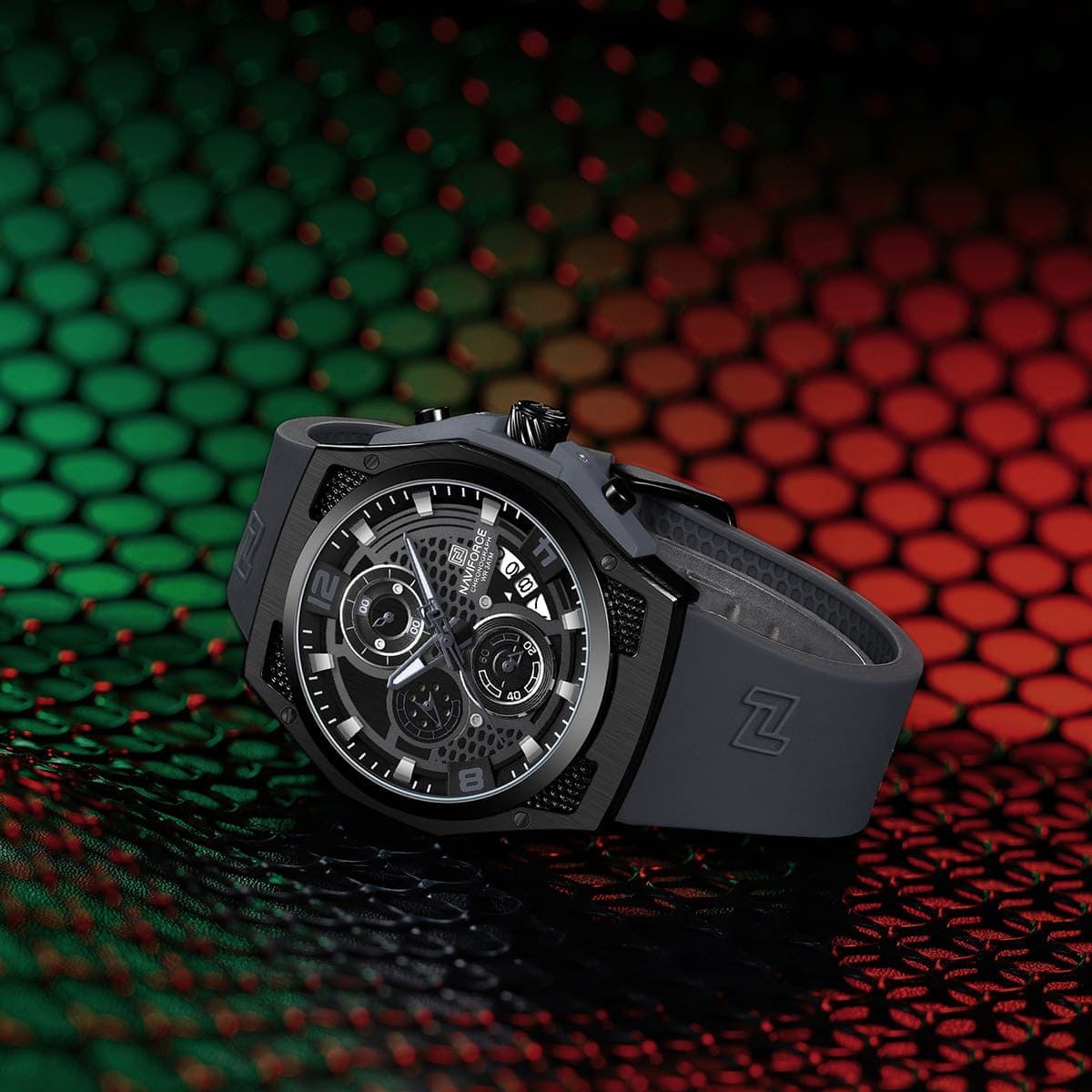 Naviforce NF8051T-B-B-GY Men's Chronograph Watch – Black Dial & Gray Rubber Strap – view 3