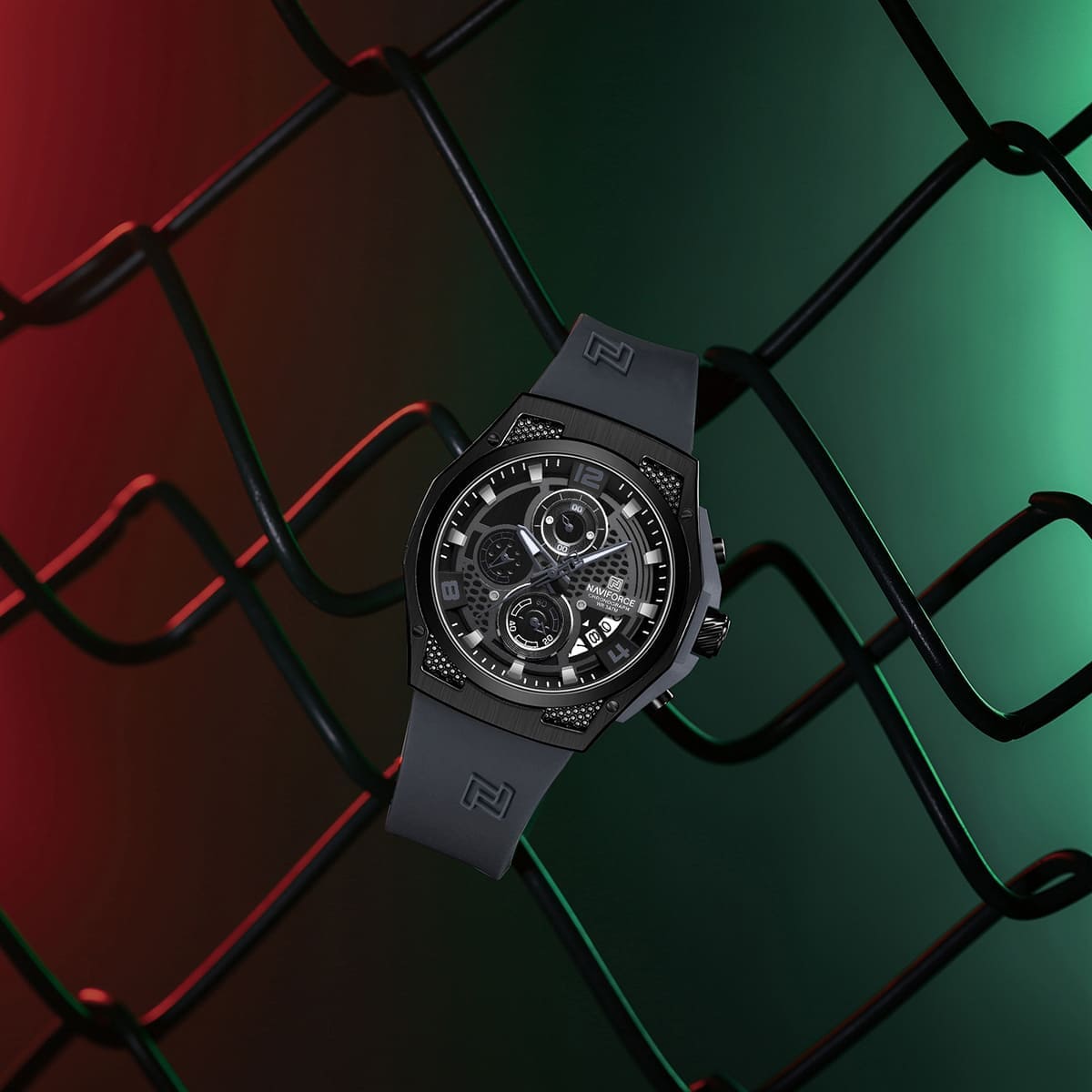 Naviforce NF8051T-B-B-GY Men's Chronograph Watch – Black Dial & Gray Rubber Strap – view 4