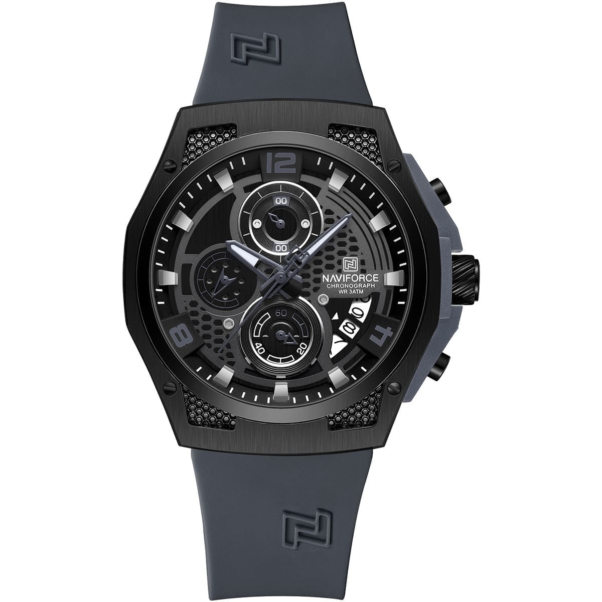 Naviforce NF8051T-B-B-GY Men's Chronograph Watch – Black Dial & Gray Rubber Strap