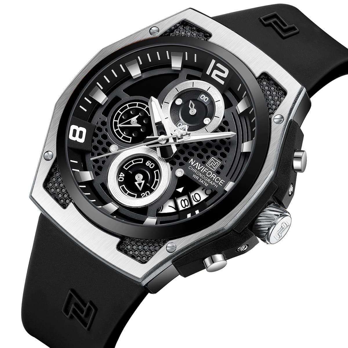 Naviforce NF8051T-S-B-B Men's Chronograph Watch – Black Dial & Black Rubber Strap – view 2