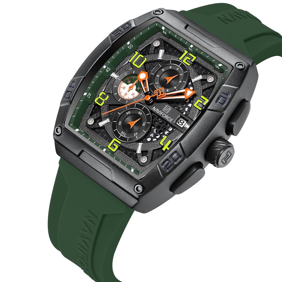 Naviforce NF8052-B-GN-GN Men's Square Chronograph Watch – Black Dial & Green Rubber Strap – view 2