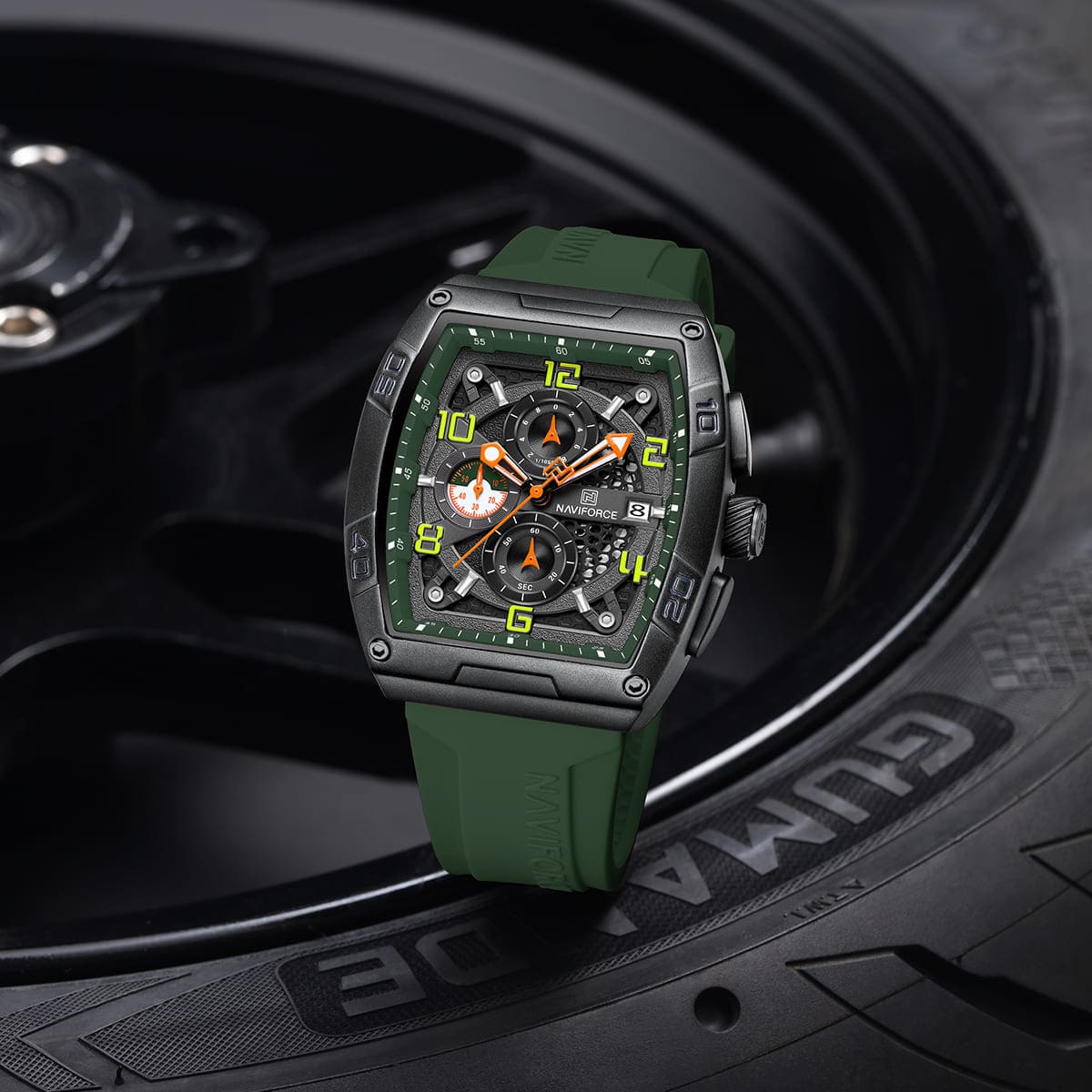 Naviforce NF8052-B-GN-GN Men's Square Chronograph Watch – Black Dial & Green Rubber Strap – view 3