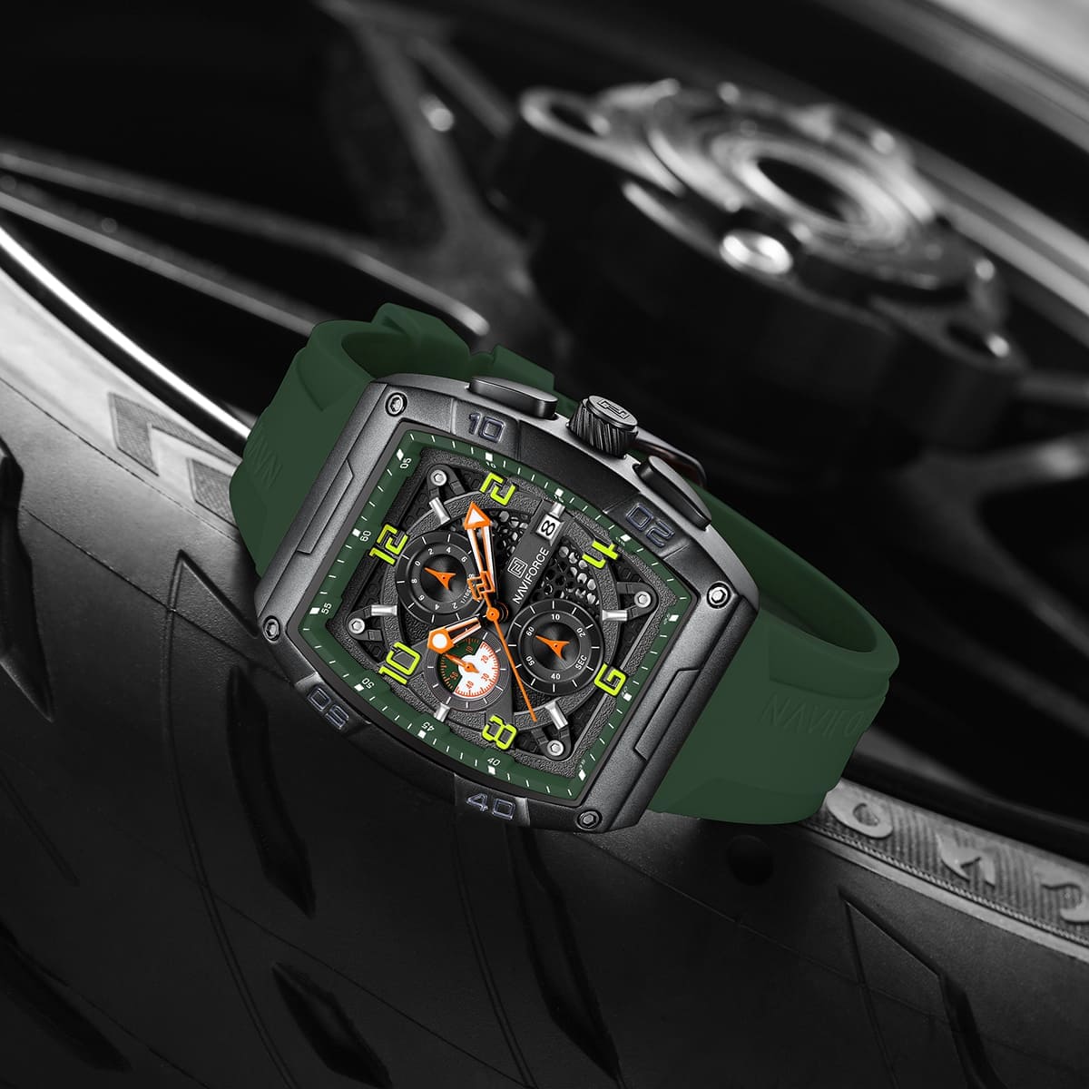 Naviforce NF8052-B-GN-GN Men's Square Chronograph Watch – Black Dial & Green Rubber Strap – view 4