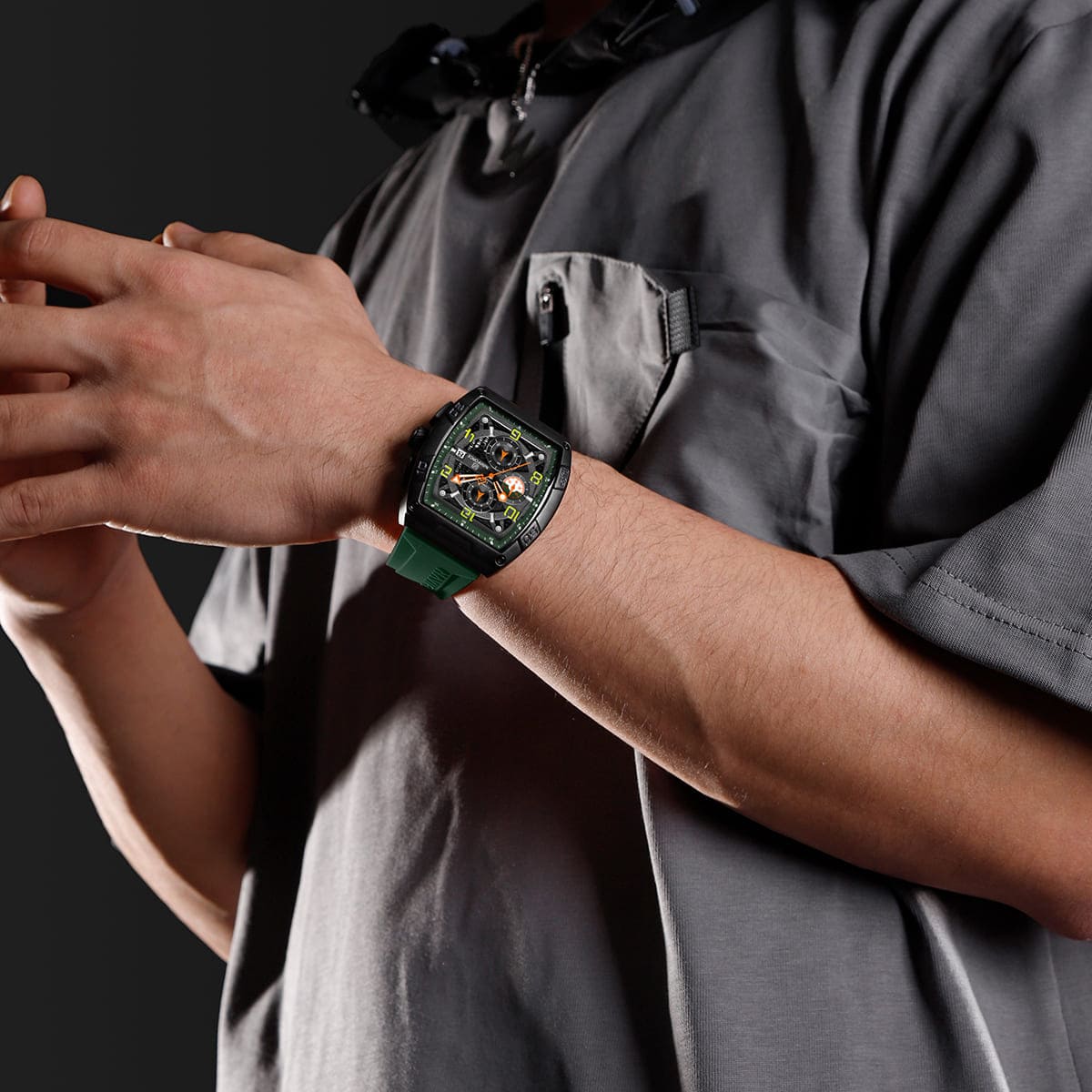 Naviforce NF8052-B-GN-GN Men's Square Chronograph Watch – Black Dial & Green Rubber Strap – view 5