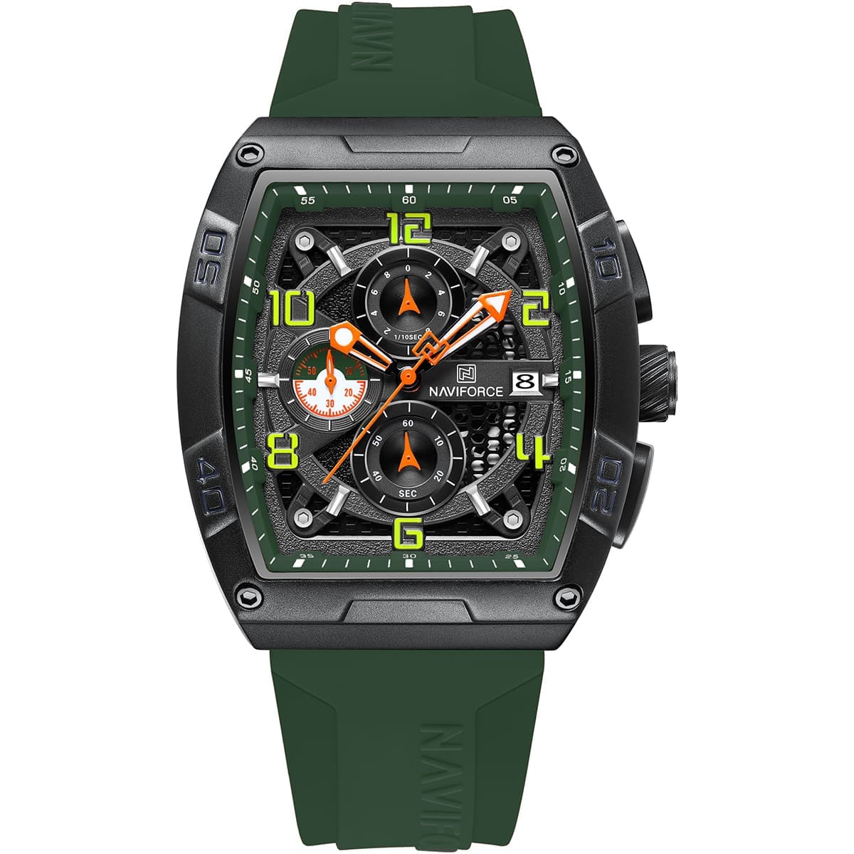 Naviforce NF8052-B-GN-GN Men's Square Chronograph Watch – Black Dial & Green Rubber Strap