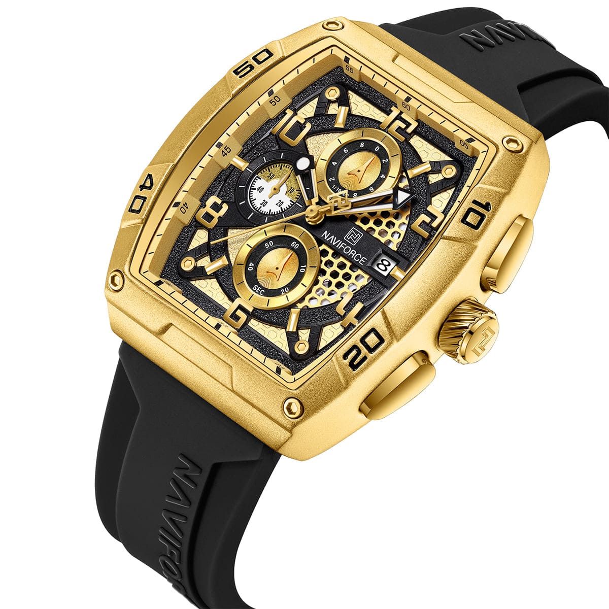 Naviforce NF8052-G-G-B Men's Square Chronograph Watch – Gold Dial & Black Rubber Strap – view 2