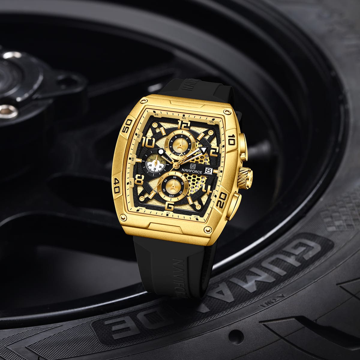 Naviforce NF8052-G-G-B Men's Square Chronograph Watch – Gold Dial & Black Rubber Strap – view 3