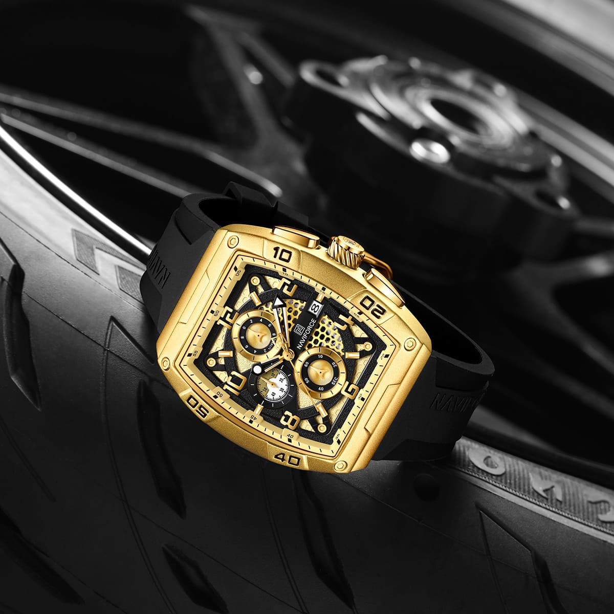 Naviforce NF8052-G-G-B Men's Square Chronograph Watch – Gold Dial & Black Rubber Strap – view 4