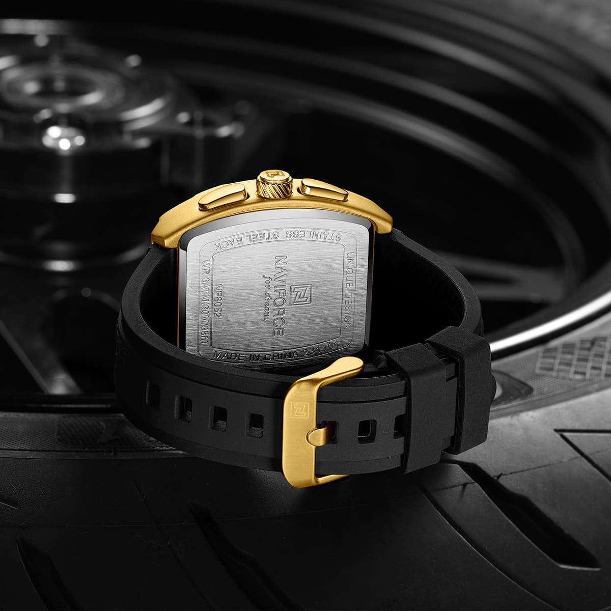 Naviforce NF8052-G-G-B Men's Square Chronograph Watch – Gold Dial & Black Rubber Strap – view 5