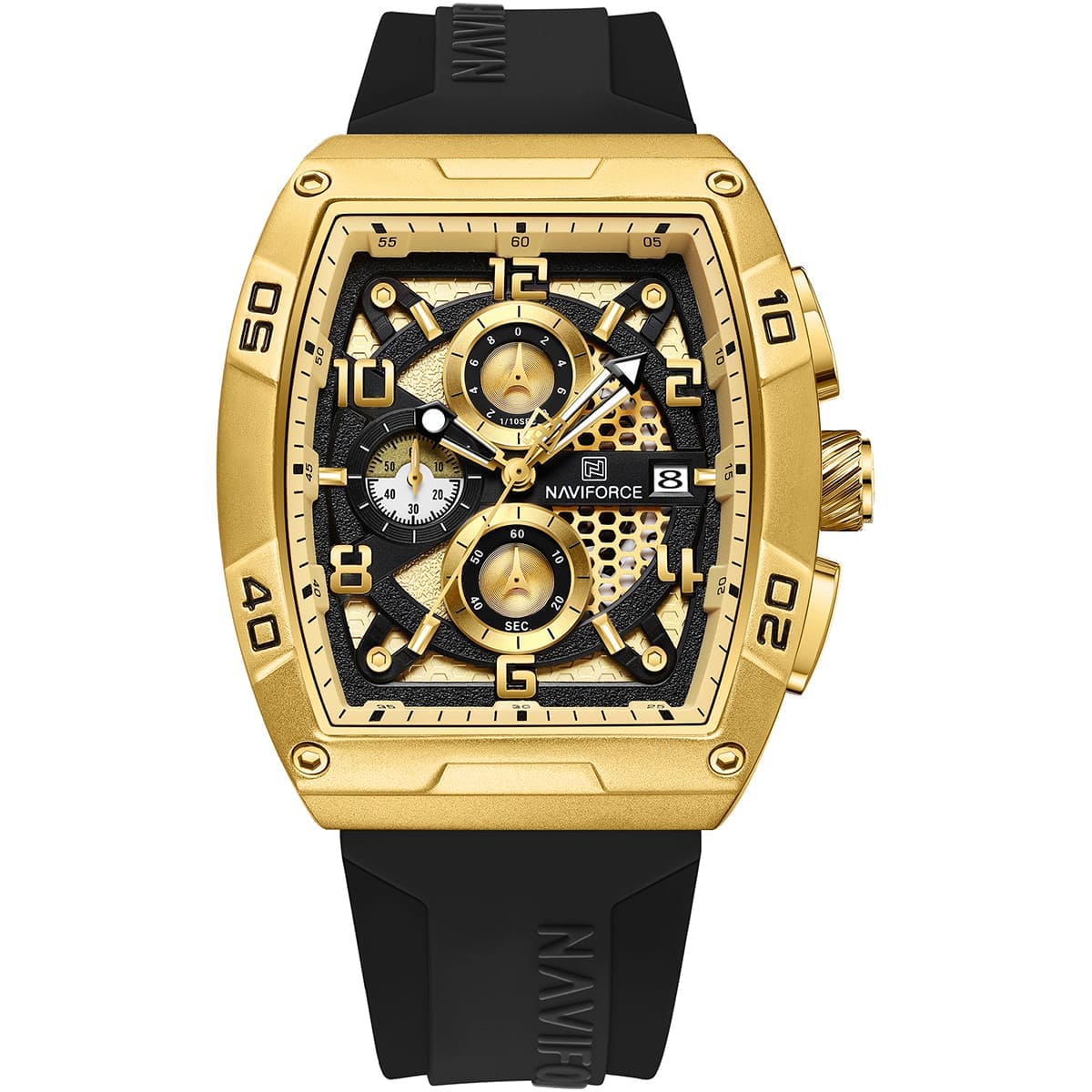 Naviforce NF8052-G-G-B Men's Square Chronograph Watch – Gold Dial & Black Rubber Strap