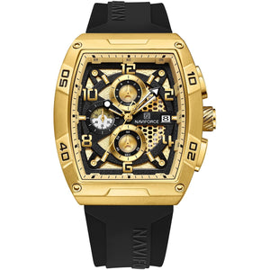 Naviforce NF8052-G-G-B Men's Square Chronograph Watch – Gold Dial & Black Rubber Strap
