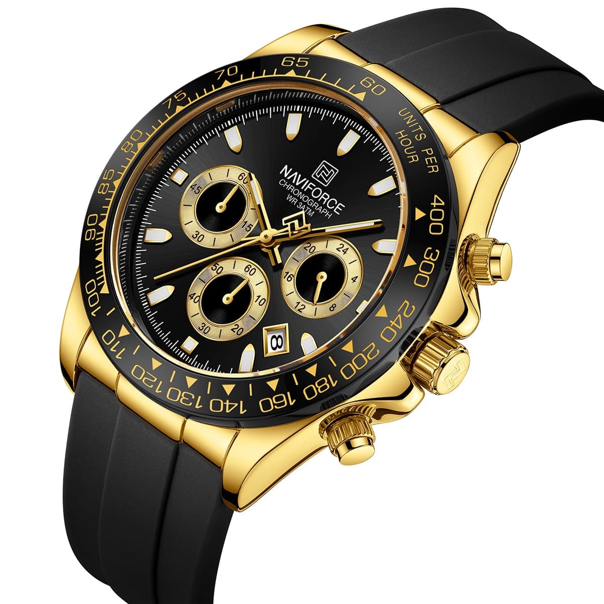 Naviforce NF8054-G-B-B Men's Round Chronograph Watch – Gold Case, Black Dial & Black Rubber Strap – view 2