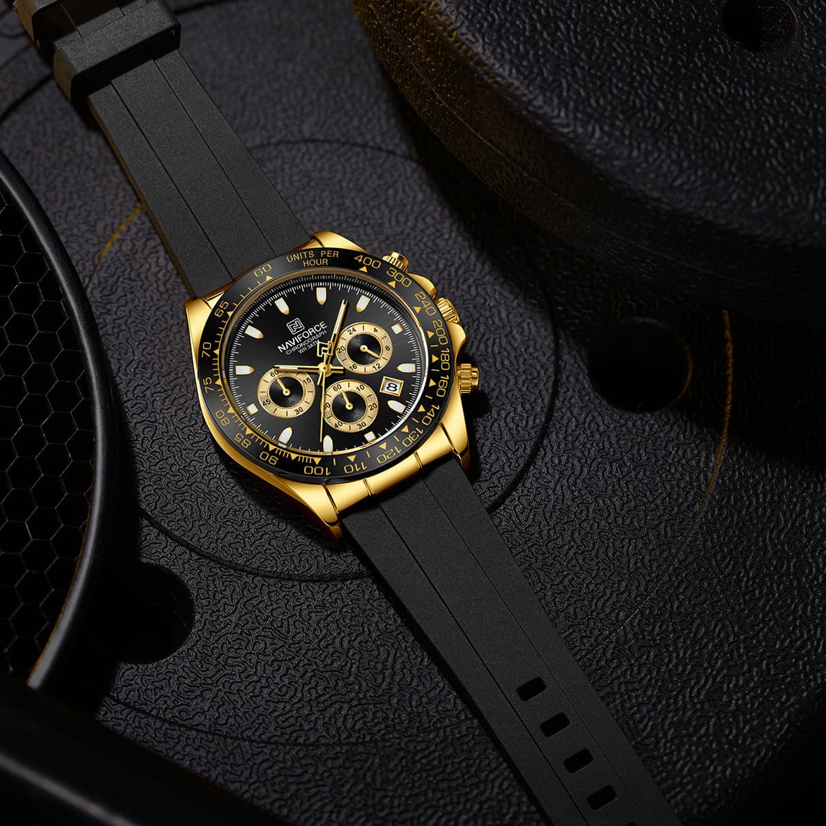 Naviforce NF8054-G-B-B Men's Round Chronograph Watch – Gold Case, Black Dial & Black Rubber Strap – view 4