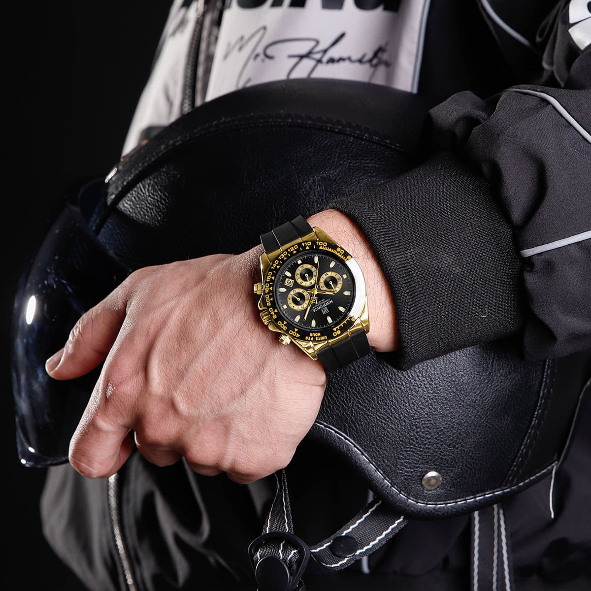 Naviforce NF8054-G-B-B Men's Round Chronograph Watch – Gold Case, Black Dial & Black Rubber Strap – view 7
