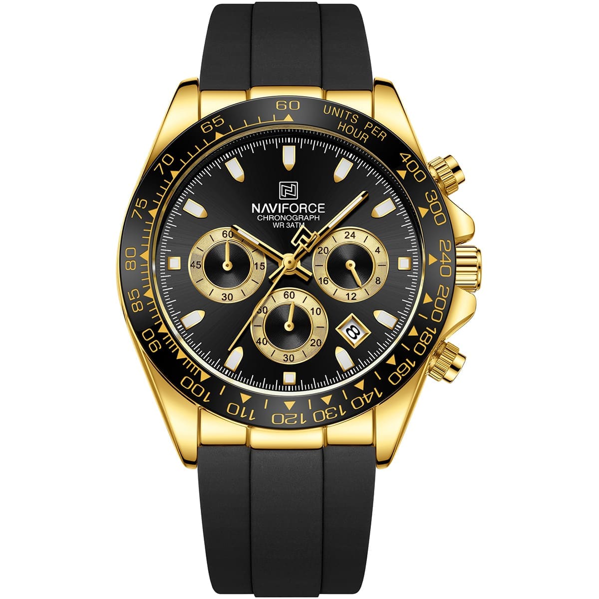 Naviforce NF8054-G-B-B Men's Round Chronograph Watch – Gold Case, Black Dial & Black Rubber Strap