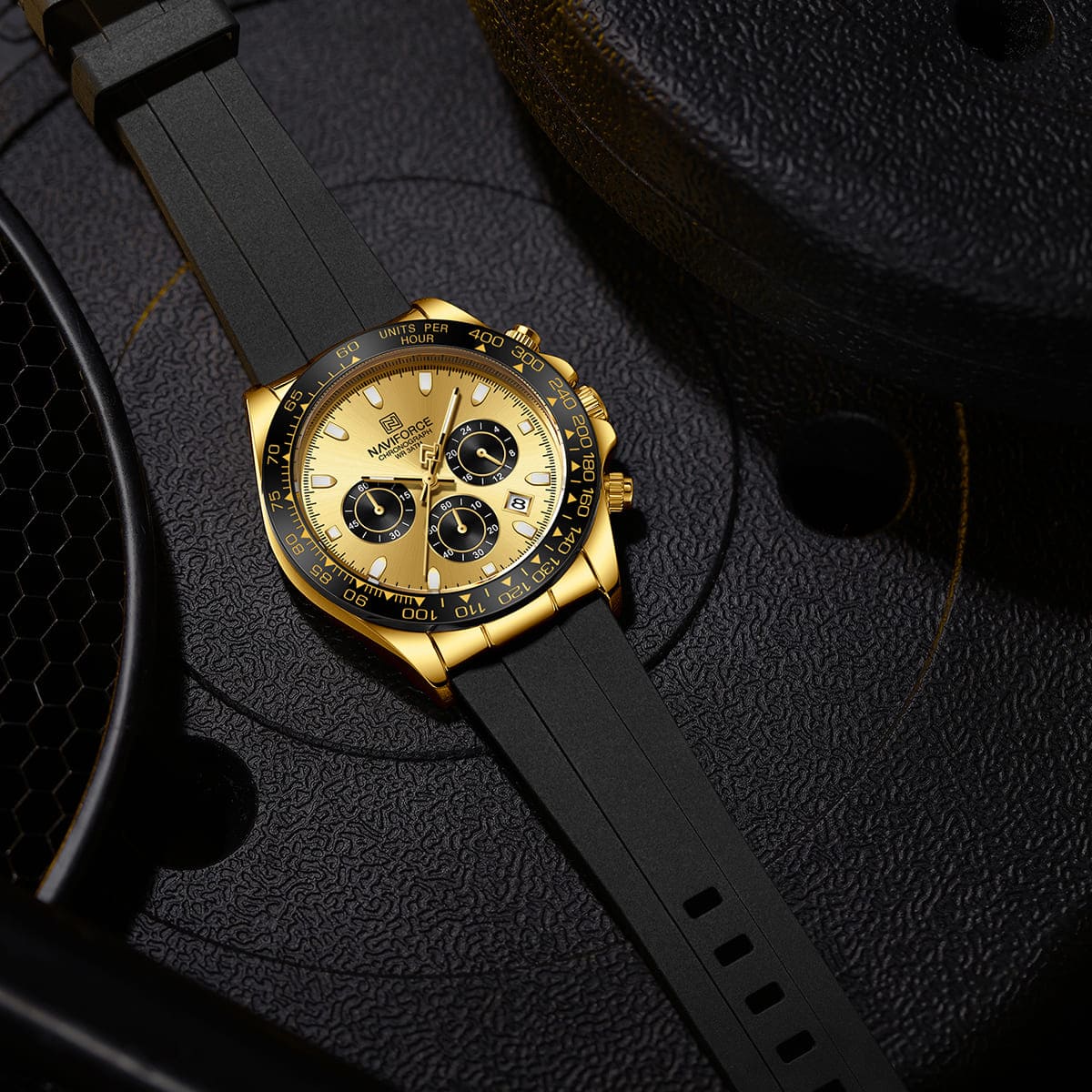 Naviforce NF8054-G-G-B Men's Round Chronograph Watch – Gold Case, Gold Dial & Black Rubber Strap – view 4