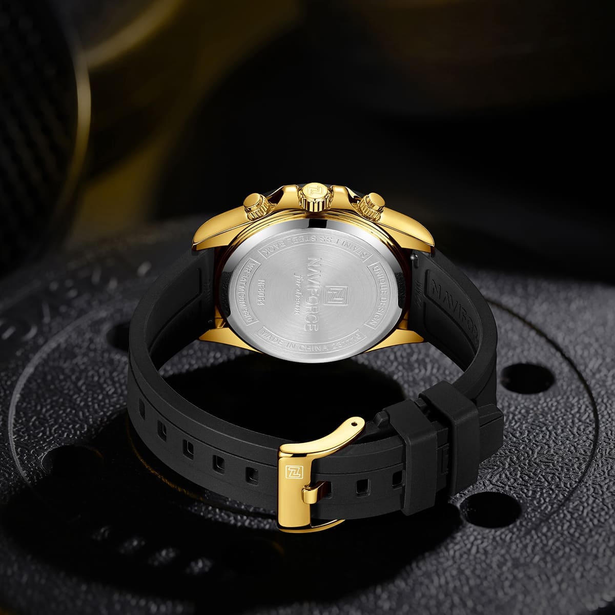 Naviforce NF8054-G-G-B Men's Round Chronograph Watch – Gold Case, Gold Dial & Black Rubber Strap – view 5