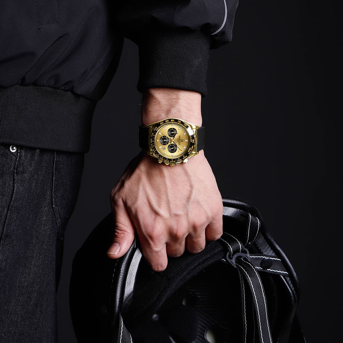 Naviforce NF8054-G-G-B Men's Round Chronograph Watch – Gold Case, Gold Dial & Black Rubber Strap – view 7