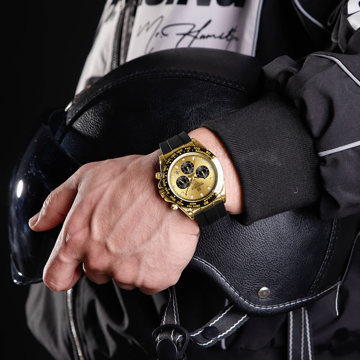 Naviforce NF8054-G-G-B Men's Round Chronograph Watch – Gold Case, Gold Dial & Black Rubber Strap – view 8