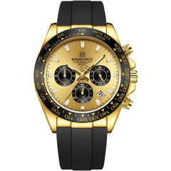 Naviforce NF8054-G-G-B Men's Round Chronograph Watch – Gold Case, Gold Dial & Black Rubber Strap