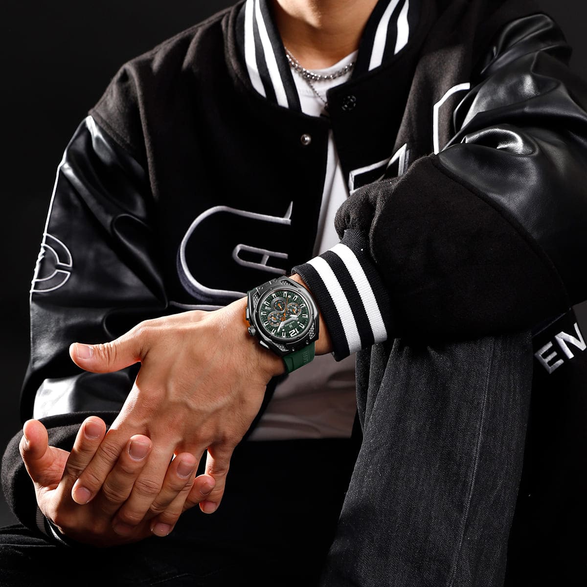 Naviforce NF8063-B-GN-GN Men's Round Chronograph Watch – Black Case, Green Dial & Green Rubber Strap – view 5