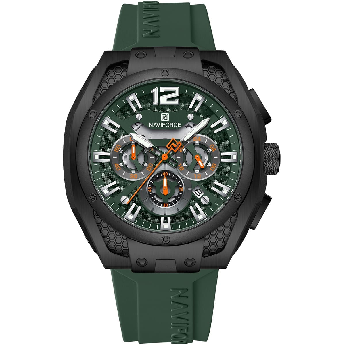 Naviforce NF8063-B-GN-GN Men's Round Chronograph Watch – Black Case, Green Dial & Green Rubber Strap