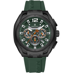Naviforce NF8063-B-GN-GN Men's Round Chronograph Watch – Black Case, Green Dial & Green Rubber Strap