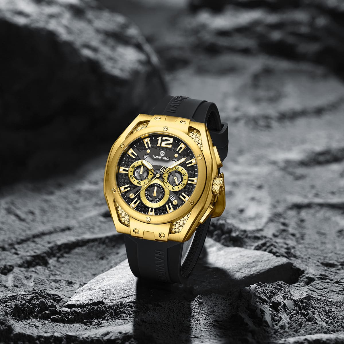 Naviforce NF8063-G-B-B Men's Round Chronograph Watch – Gold Case, Black Dial & Black Rubber Strap – view 3