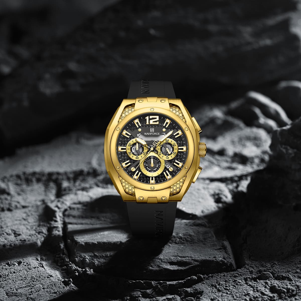 Naviforce NF8063-G-B-B Men's Round Chronograph Watch – Gold Case, Black Dial & Black Rubber Strap – view 4