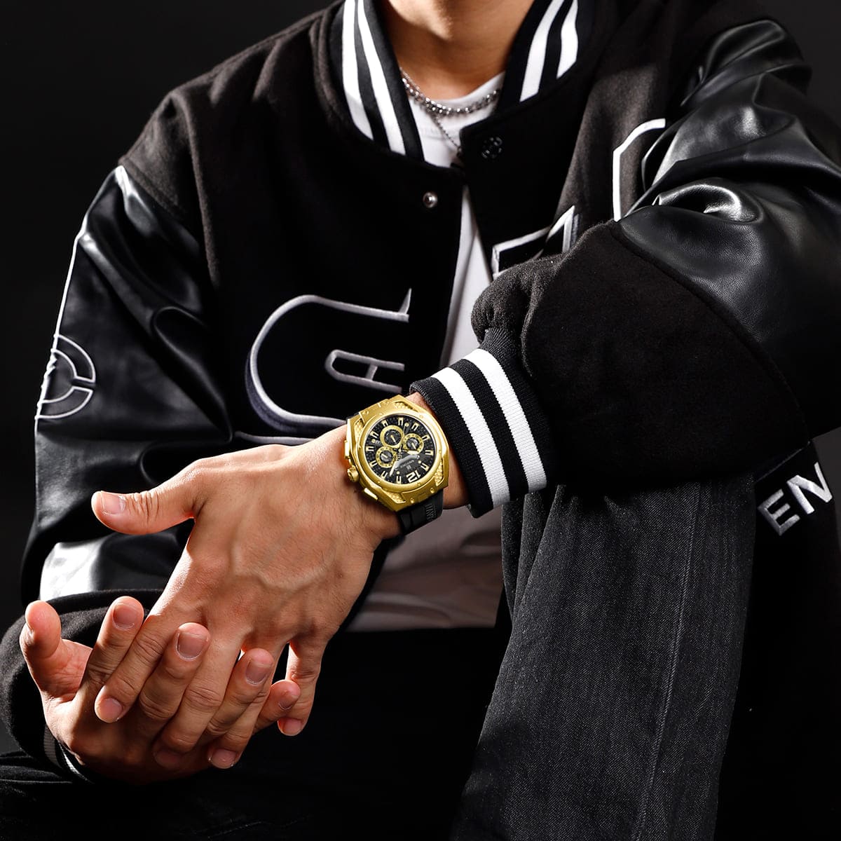 Naviforce NF8063-G-B-B Men's Round Chronograph Watch – Gold Case, Black Dial & Black Rubber Strap – view 5