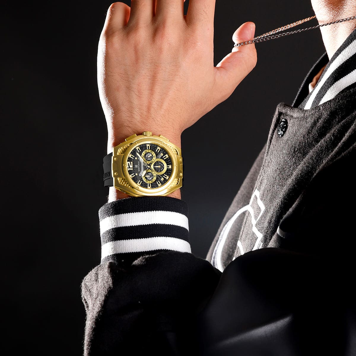Naviforce NF8063-G-B-B Men's Round Chronograph Watch – Gold Case, Black Dial & Black Rubber Strap – view 7