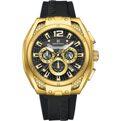 Naviforce NF8063-G-B-B Men's Round Chronograph Watch – Gold Case, Black Dial & Black Rubber Strap