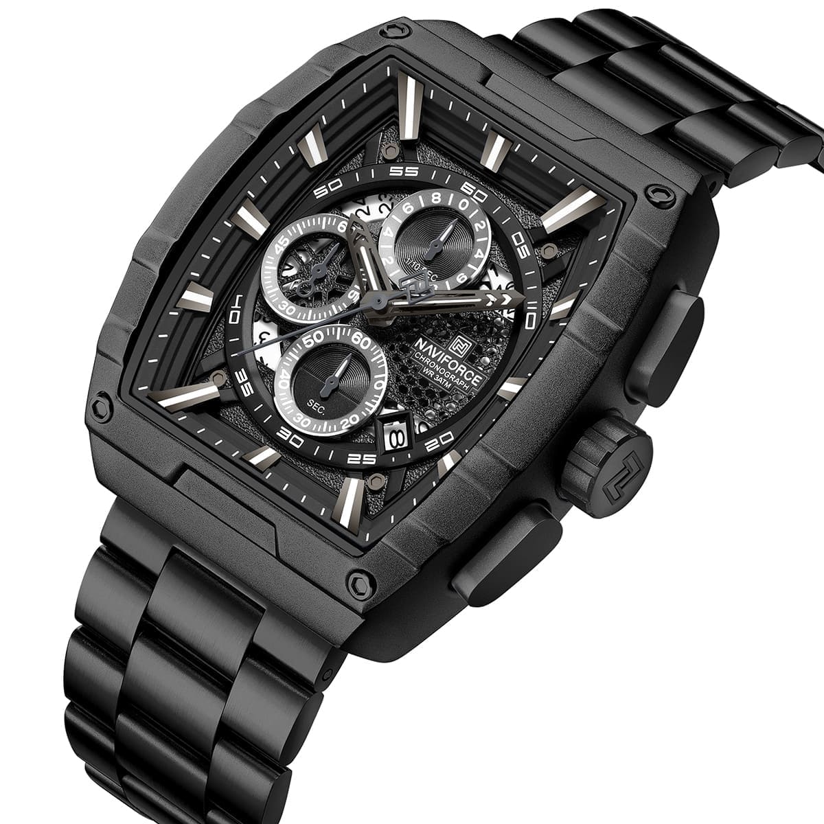 Naviforce NF8066-B-B-B Men's Square Chronograph Watch – Black Dial & Black Steel Strap – view 2